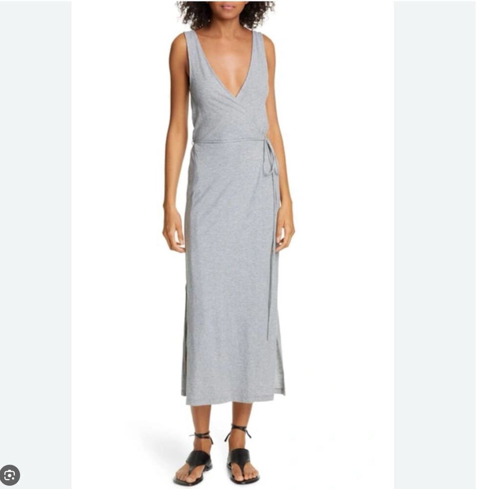Vince V-neck Sleeveless Jersey Wrap Dress Medium Heather Grey Medium Soft